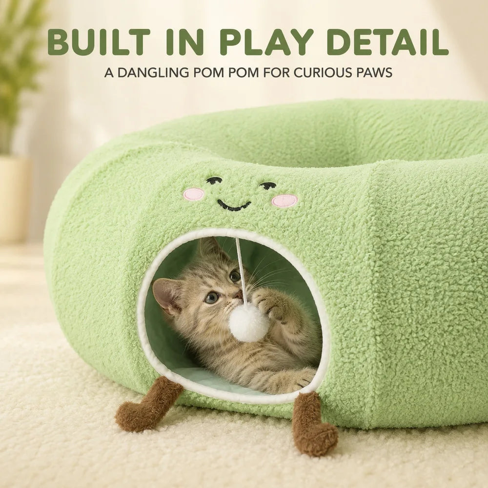 Convertible Cat Tunnel Bed With Plush Cushion And Hanging Ball