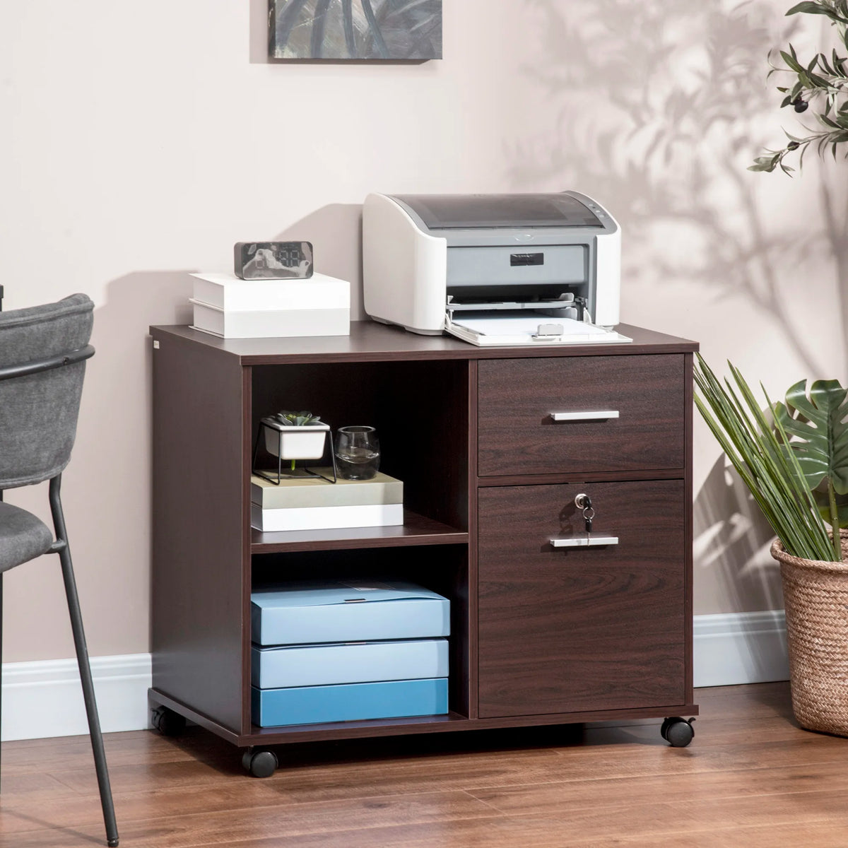 Mobile Lateral File Cabinet With Open Shelves And Utility Drawers