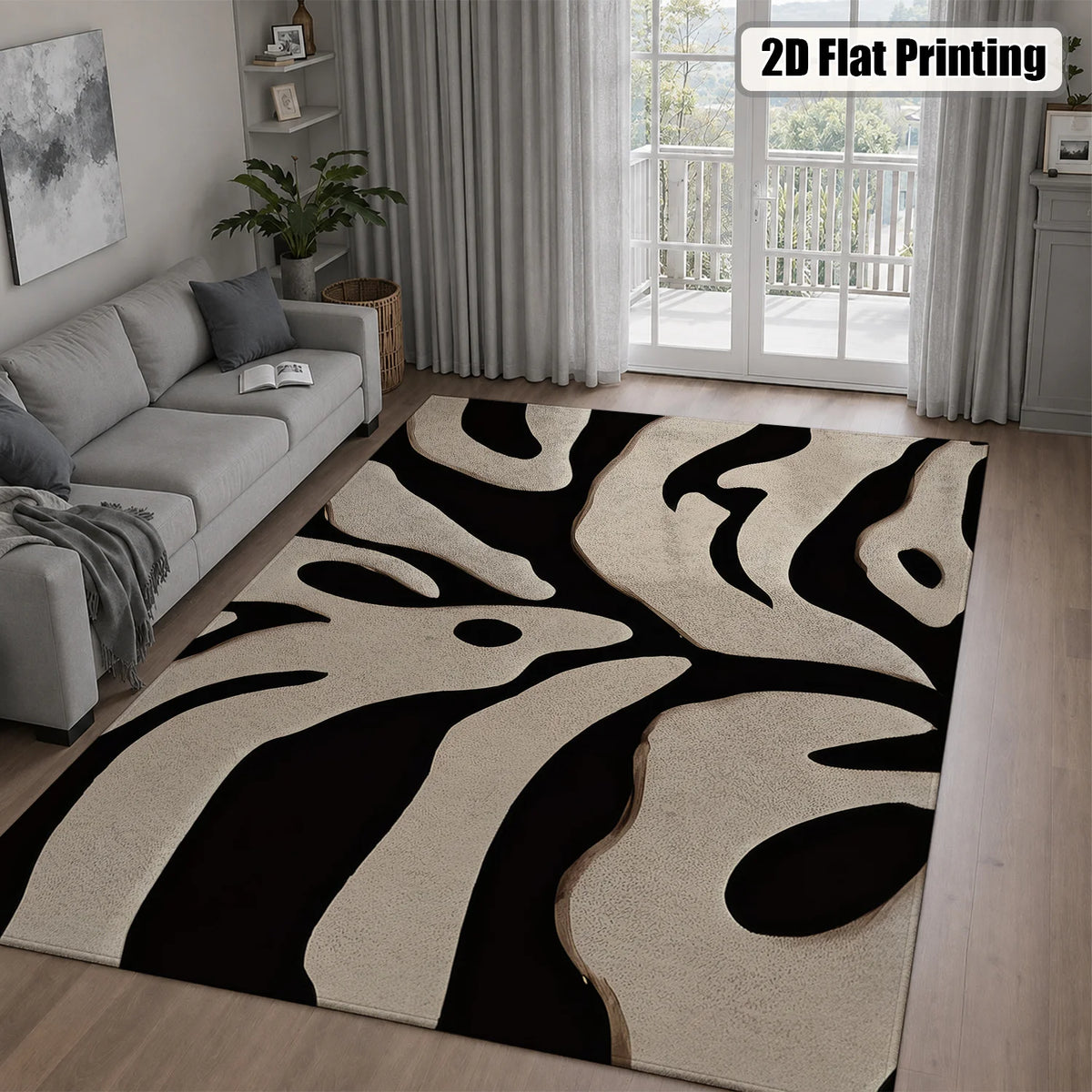 Machine Washable Abstract Leaf Area Rug With Non Slip Backing