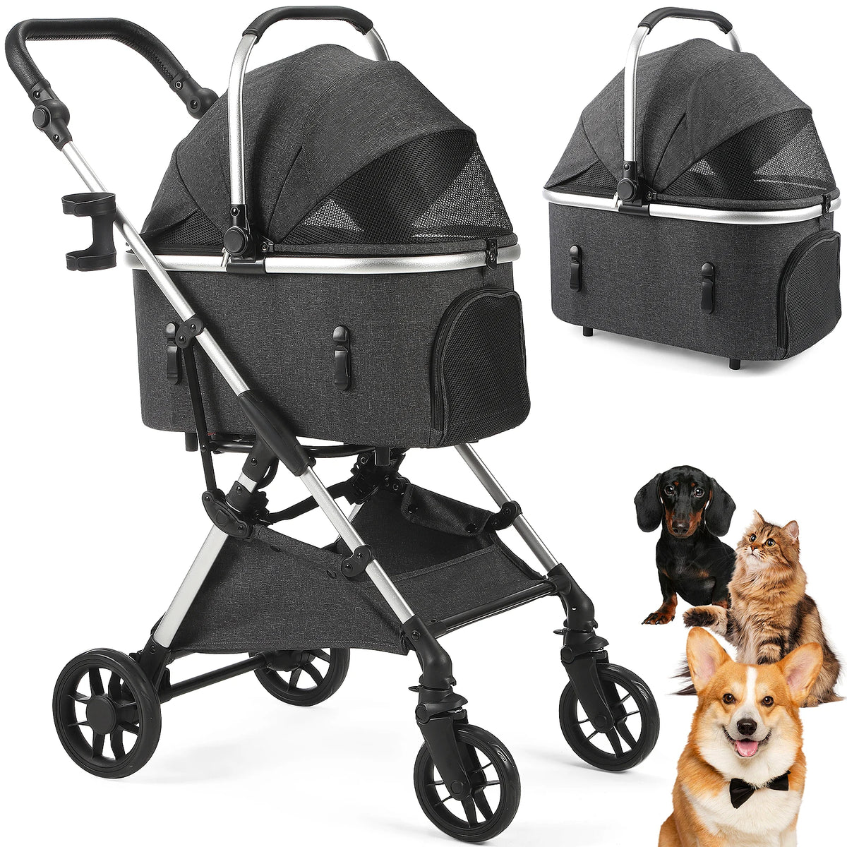 Lightweight Portable Pet Stroller With Quick Fold And Swivel Wheels