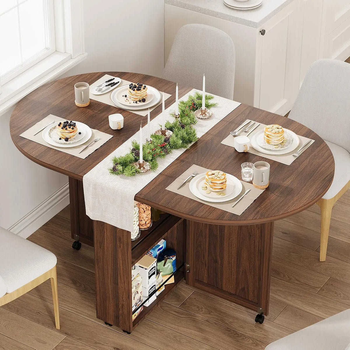 HiMISS Folding Dining Table With Wine Rack Drawer And Casters