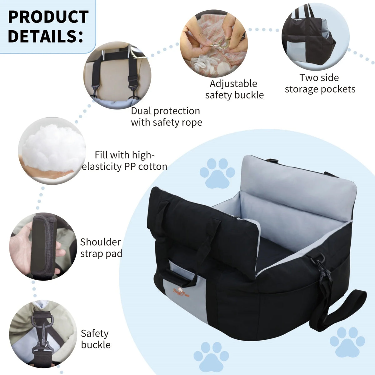 Bingopaw Washable Dog Car Seat With Safety Belt For Puppies