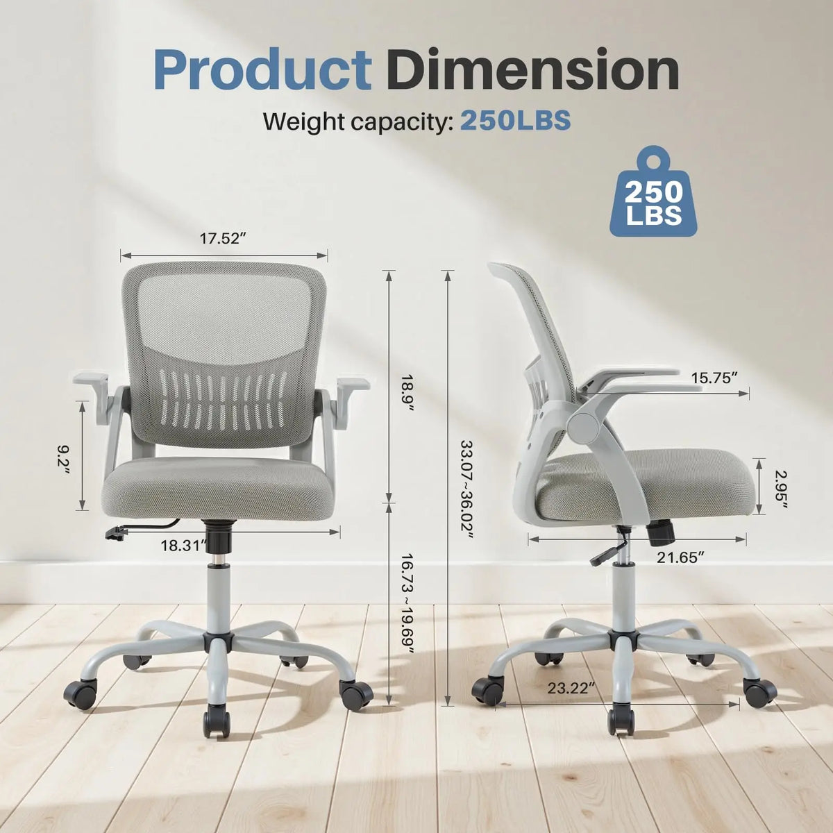 JHK Ergonomic Mid Back Chair with Lumbar Support Flip Armrests
