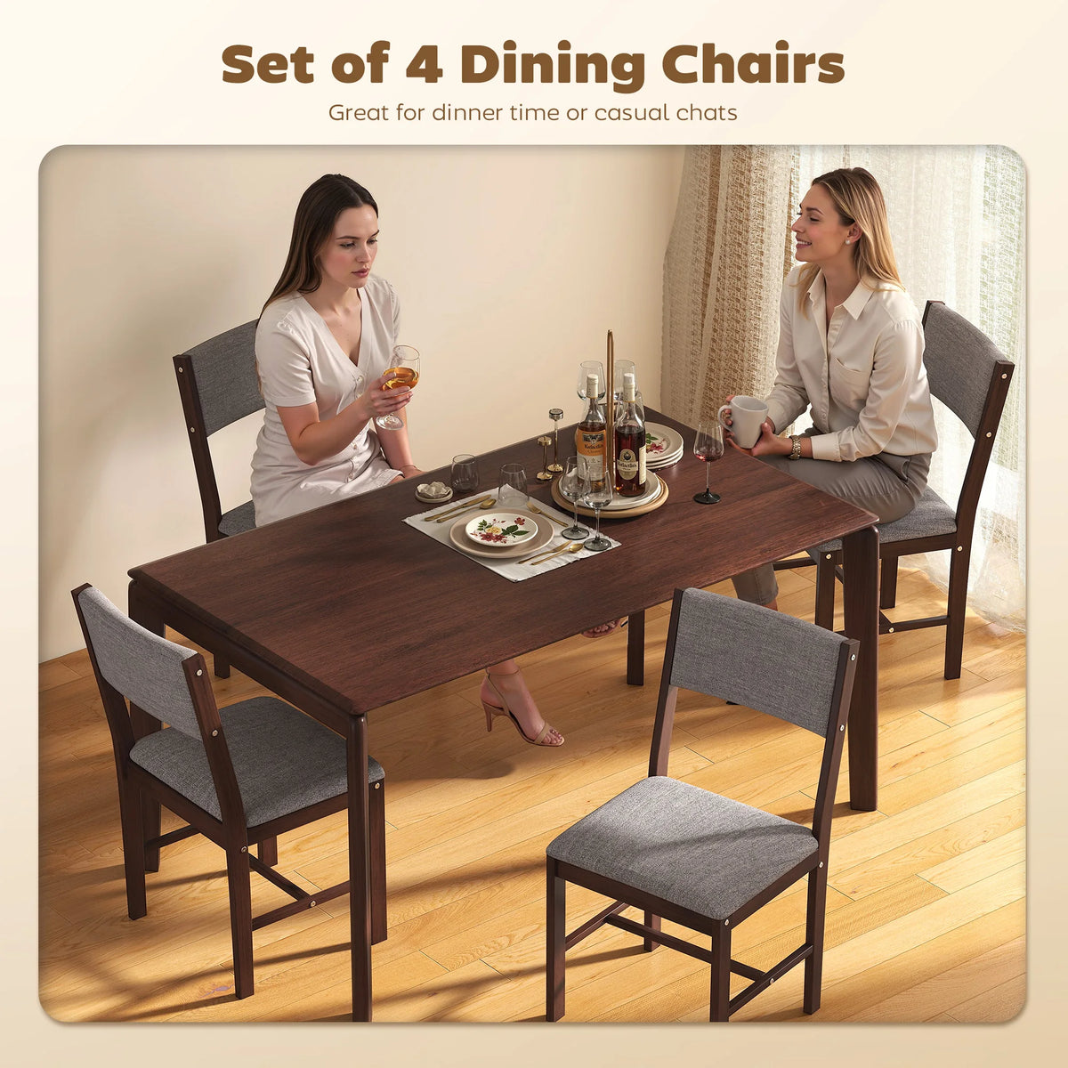 HOMCOM Rubberwood Linen Upholstered Dining Chair Set