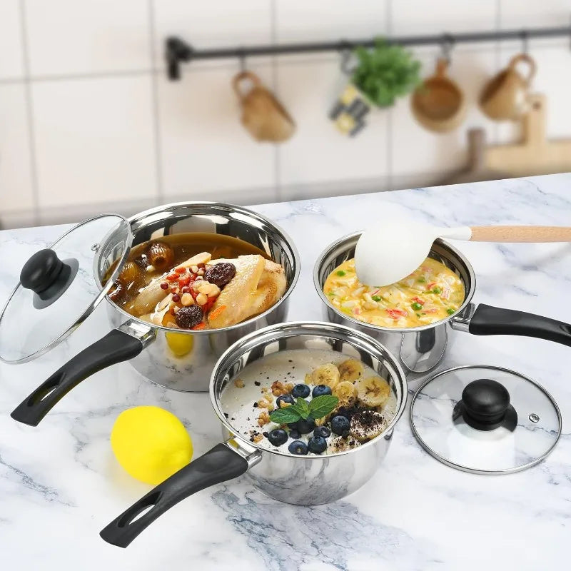 Stainless Steel Cookware Set With Lids, Triply Bottom Sauce Pans