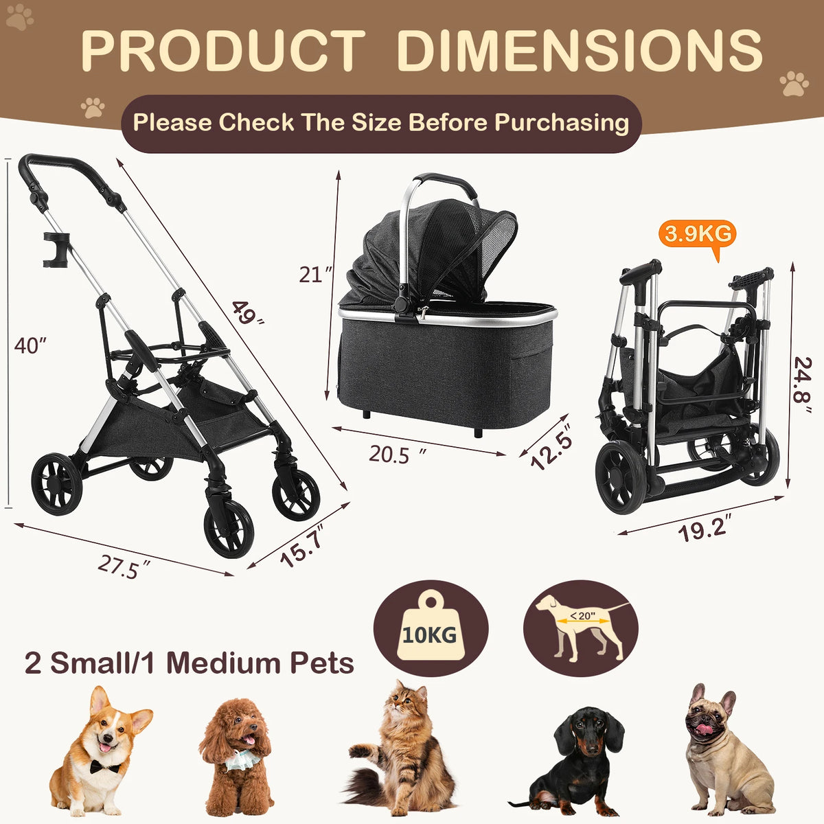 Lightweight Portable Pet Stroller With Quick Fold And Swivel Wheels