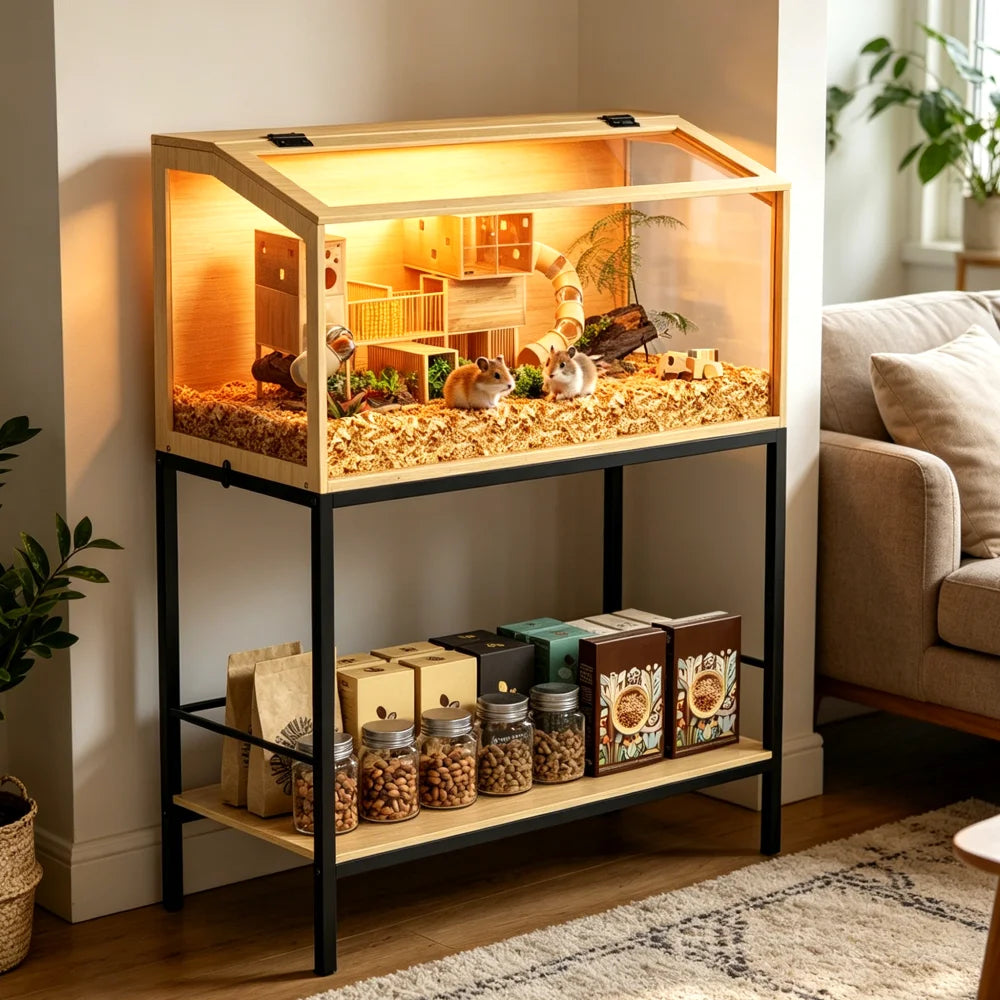 Bingopaw Elevated Wooden Hamster Cage With Storage Shelf LED Light