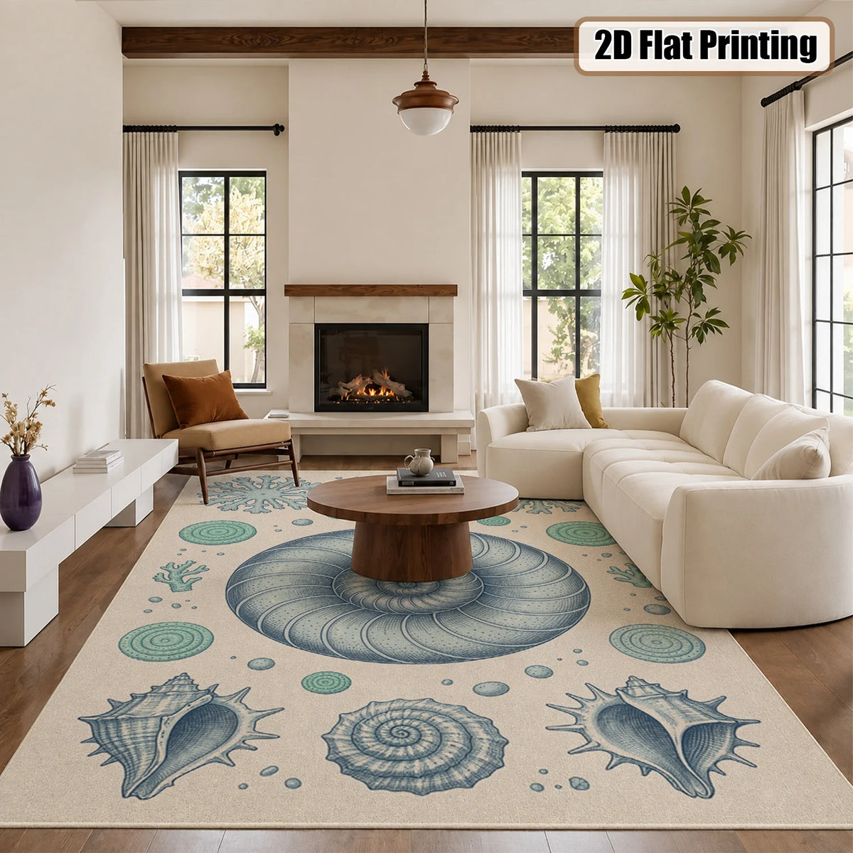 Coastal Seashell Nautilus Coral Velvet Washable Area Rug for Home