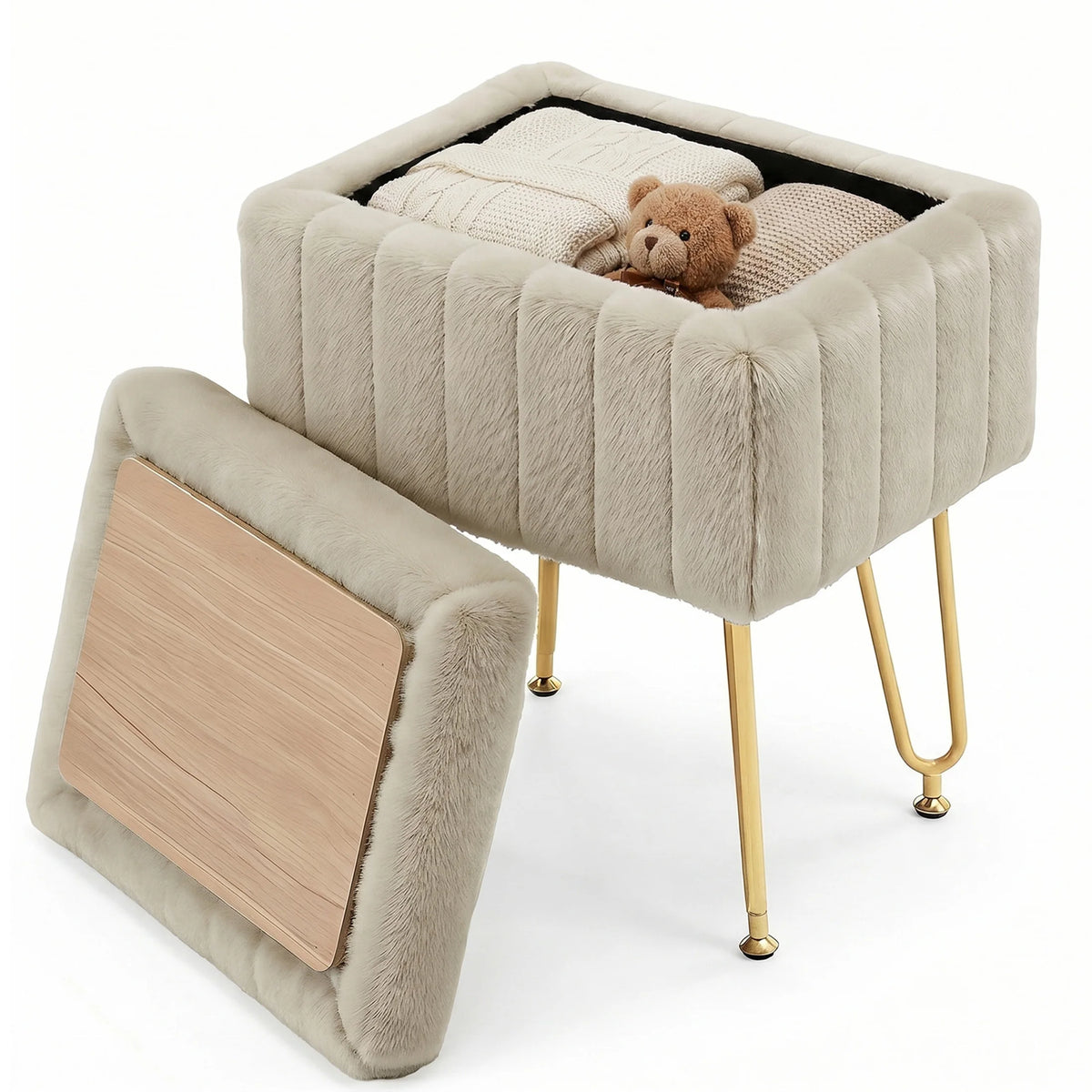 MCQ Faux Fur Ottoman Footrest Stool With Metal Legs