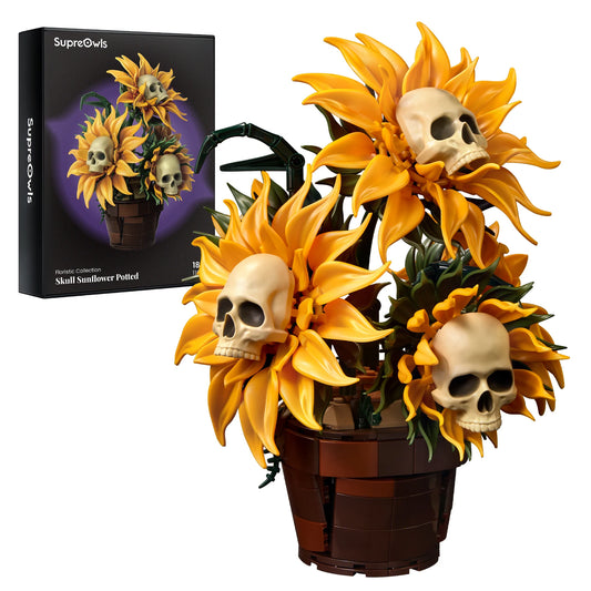 Skull Sunflower Pot Building Blocks Set Gothic Floral Model