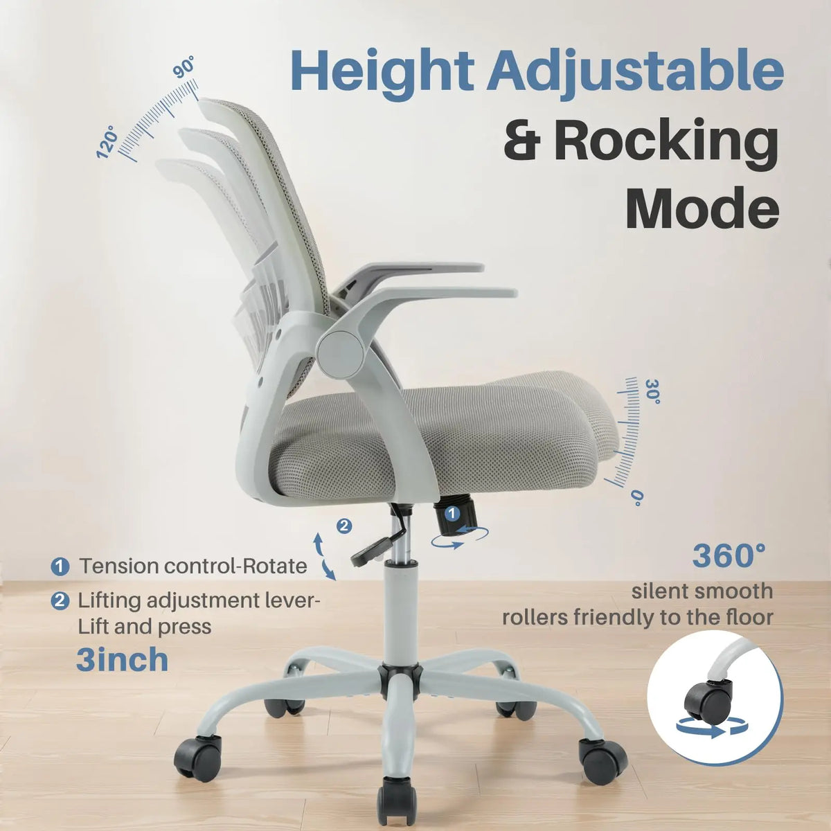 JHK Ergonomic Mid Back Chair with Lumbar Support Flip Armrests