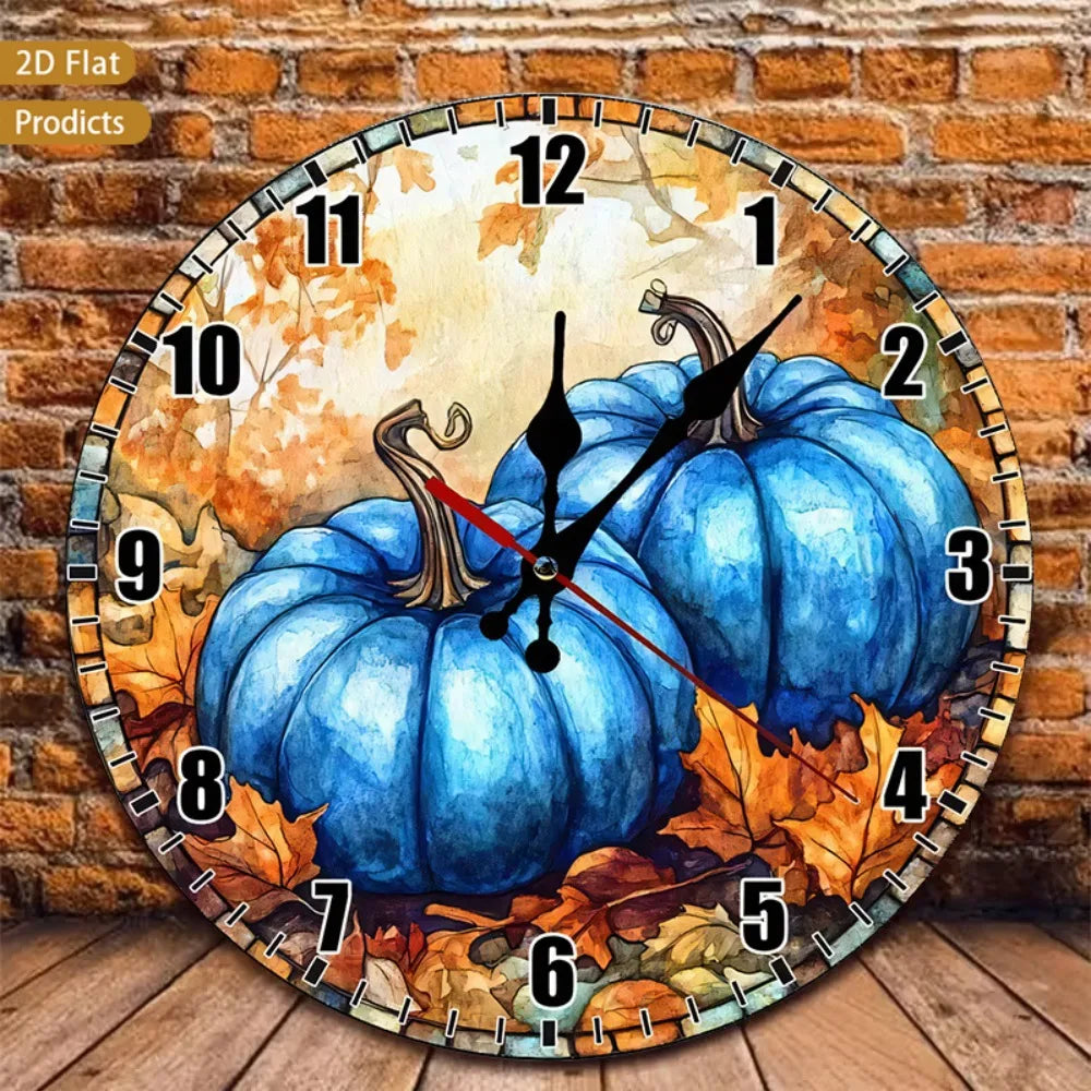 Silent Pumpkin Autumn Leaves Wall Clock Framed Nursery Decor