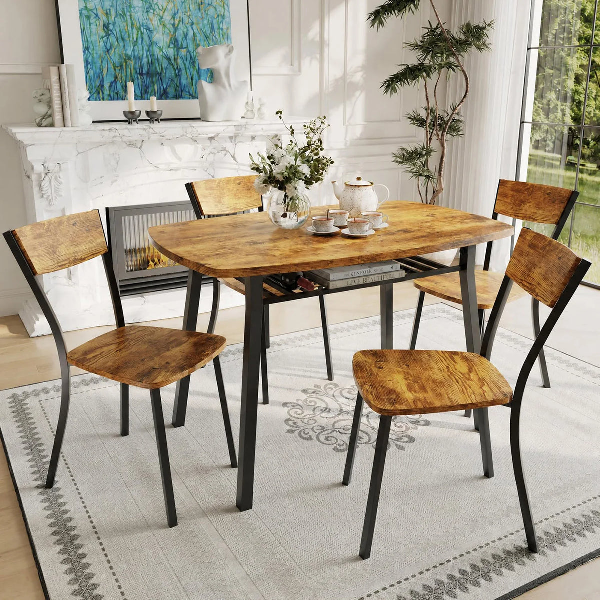 HiMISS 5 Piece Dining Table Set With Wooden Storage Shelf