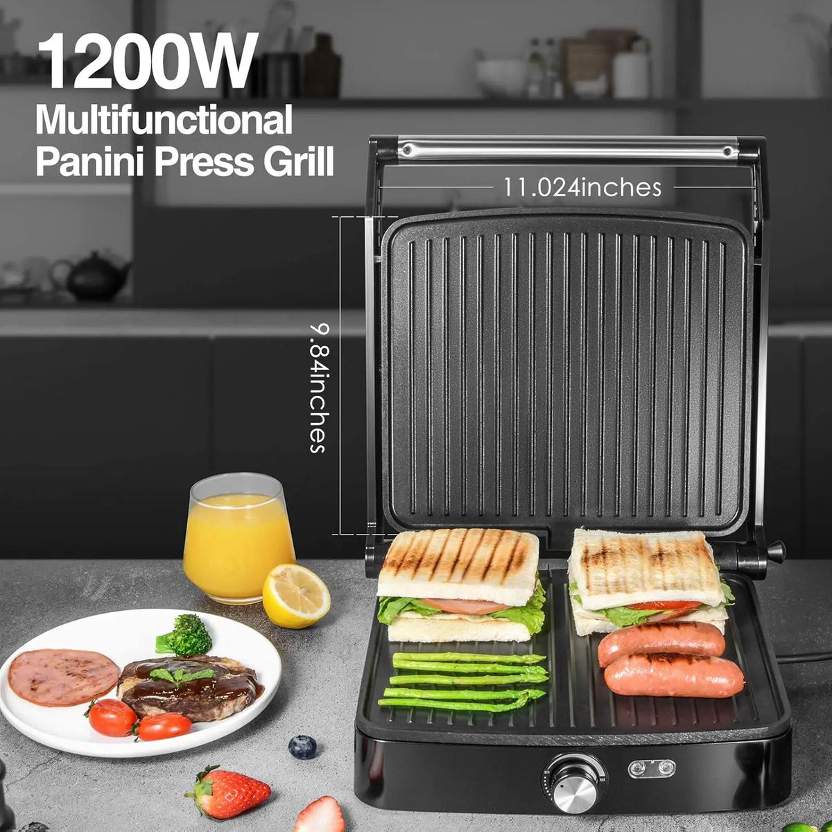 Ostba 1200W Panini Press Indoor Grill With Adjustable Temperature