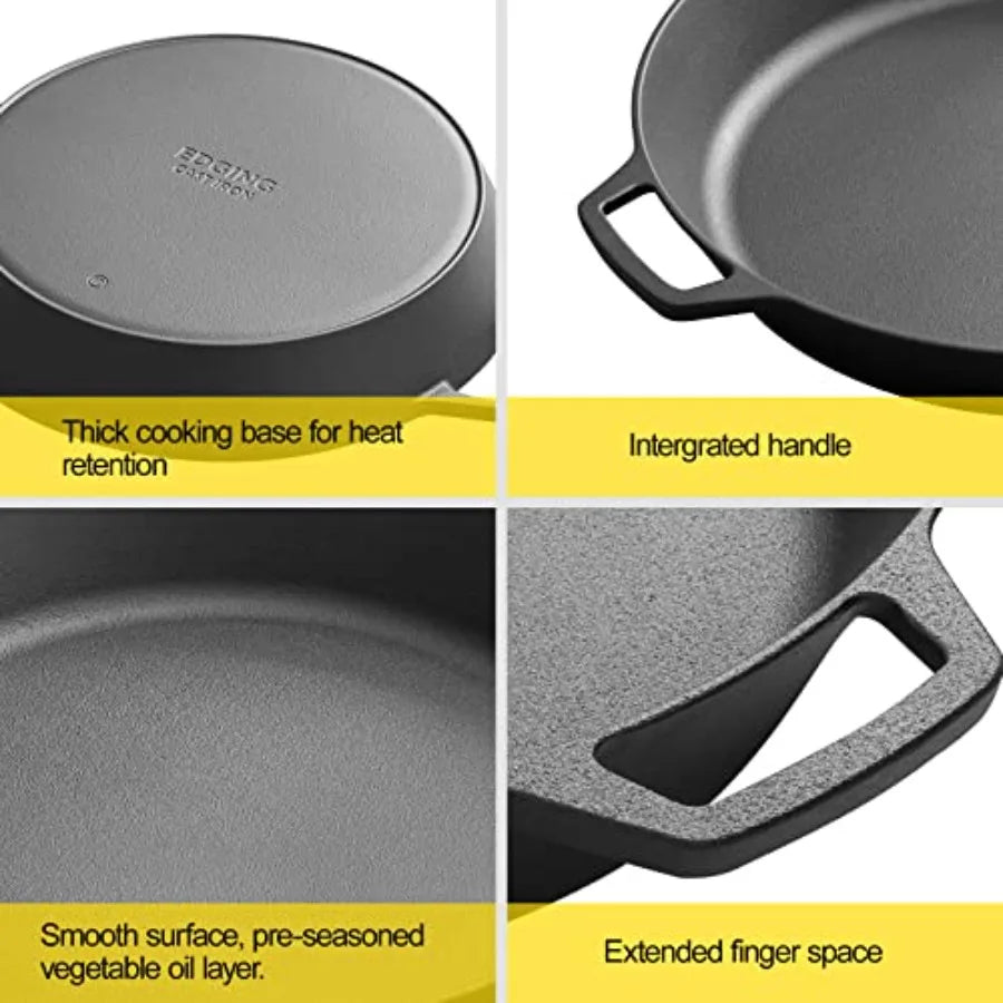Preseasoned Cast Iron Skillet With Dual Handles For Outdoor Cooking