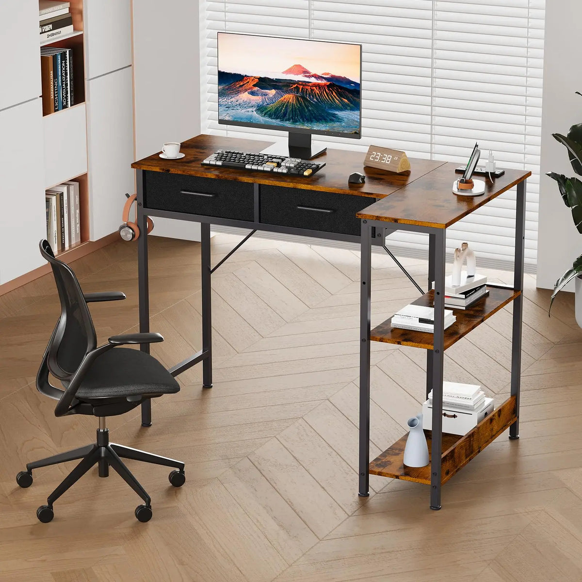 HiMISS L Shaped Gaming Desk With Power Outlet And Drawers