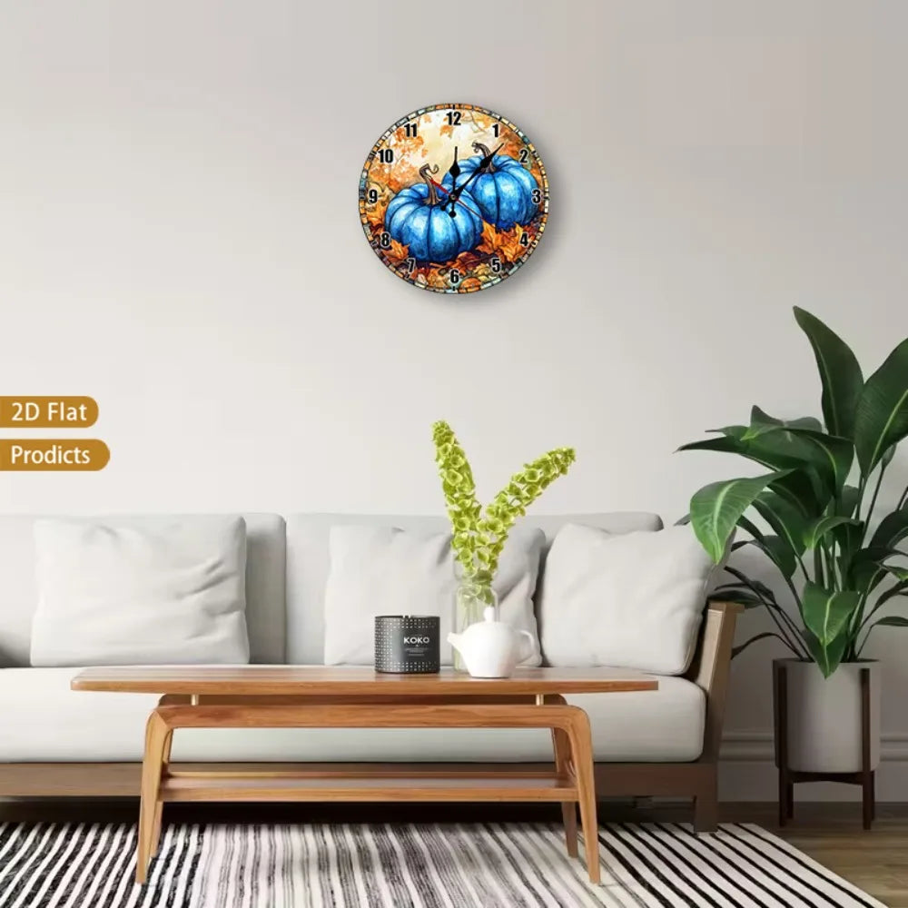 Silent Pumpkin Autumn Leaves Wall Clock Framed Nursery Decor