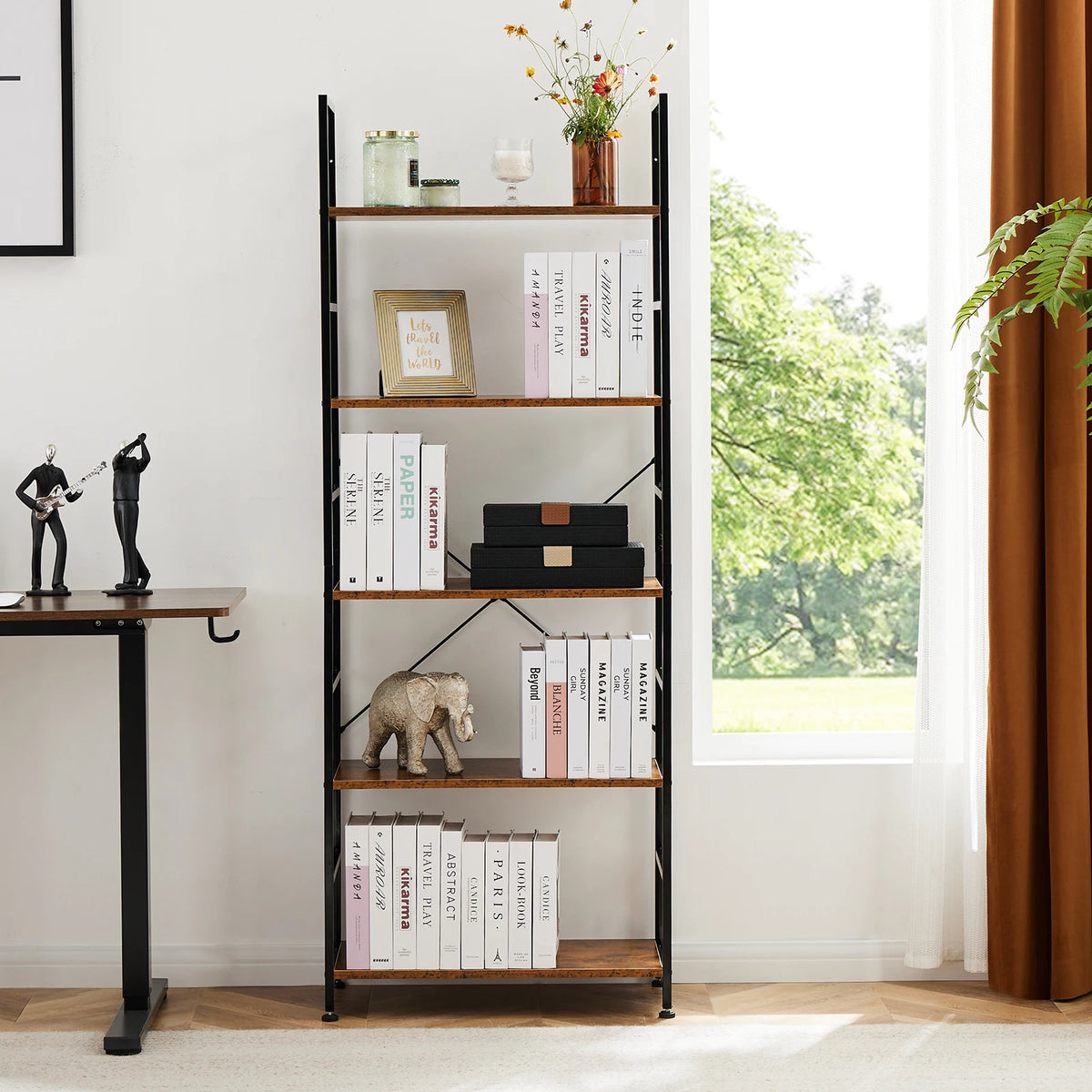 JHK Modern Five Tier Metal Bookshelf Corner Storage Organizer