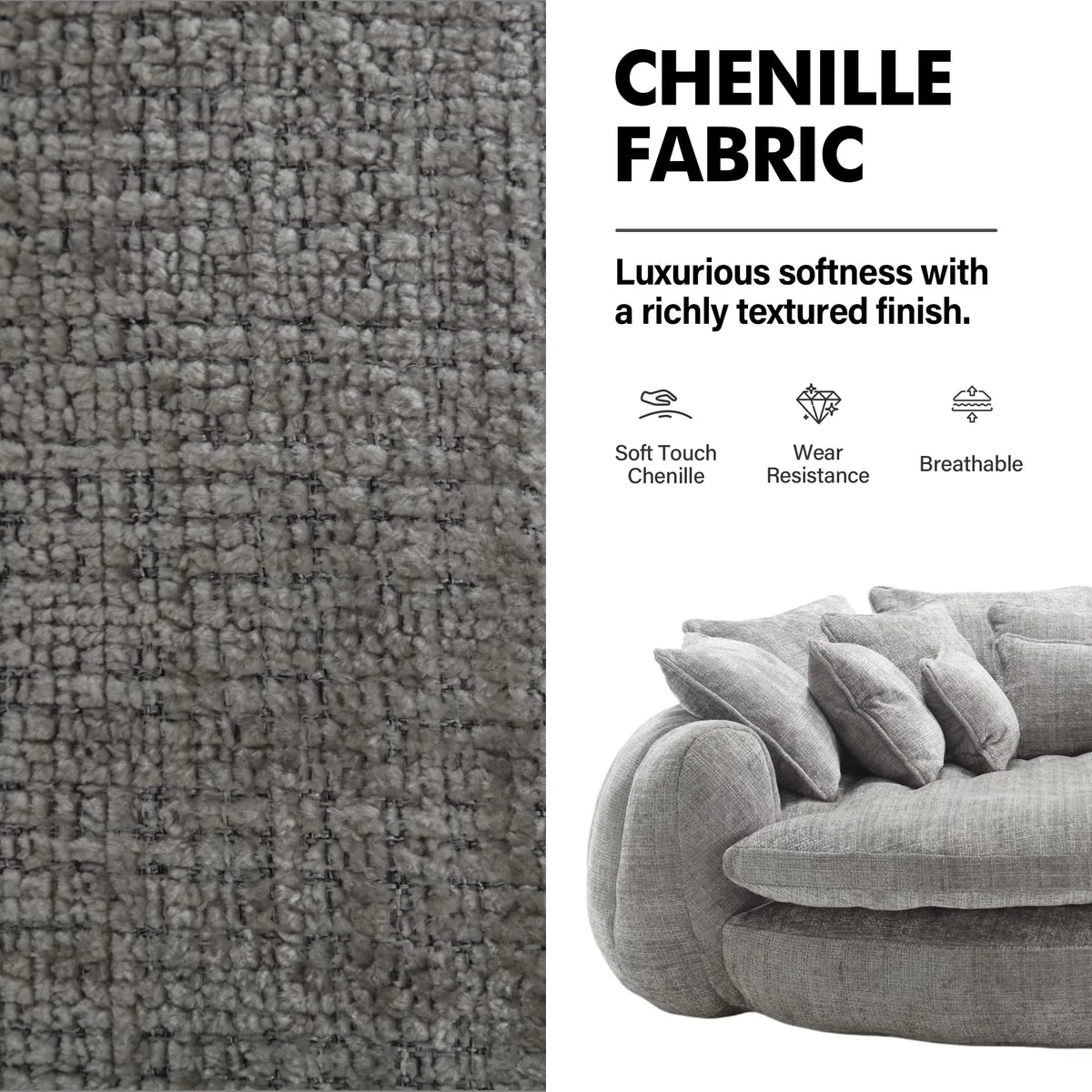 Modern Chenille Cloud Sleeper Sofa With Round Chaise And Pillows