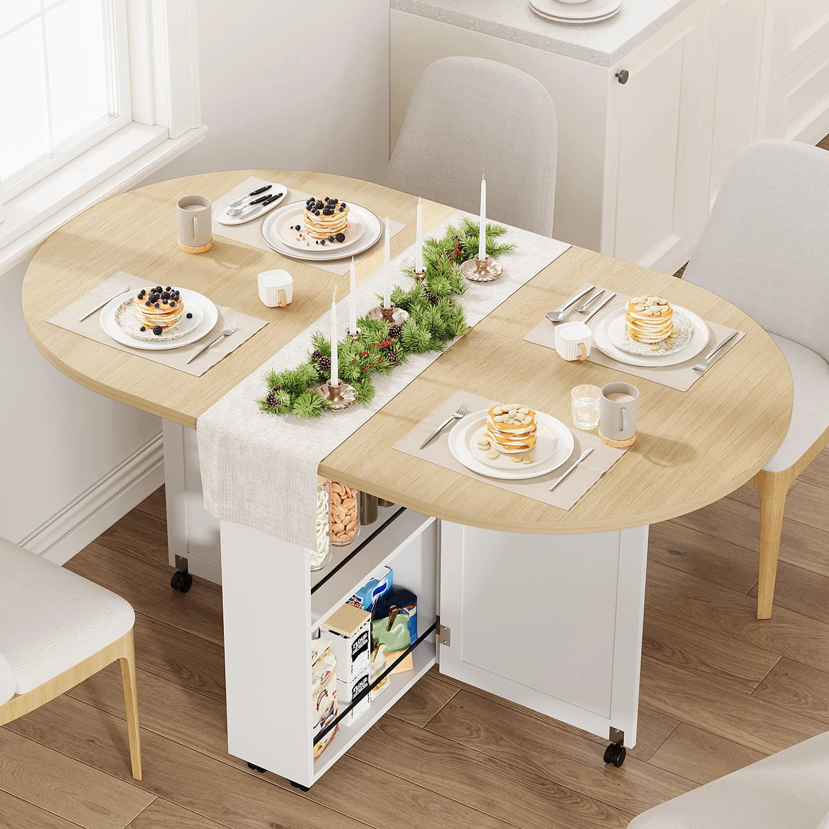 HiMISS Folding Dining Table With Wine Rack Drawer And Casters