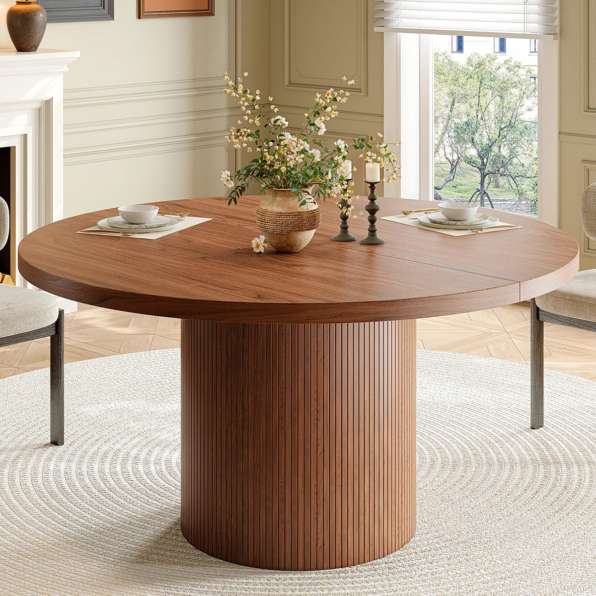 ONBRILL Modern Fluted Wood Round Dining Table For Kitchen
