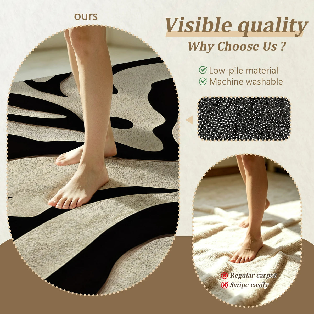 Machine Washable Abstract Leaf Area Rug With Non Slip Backing