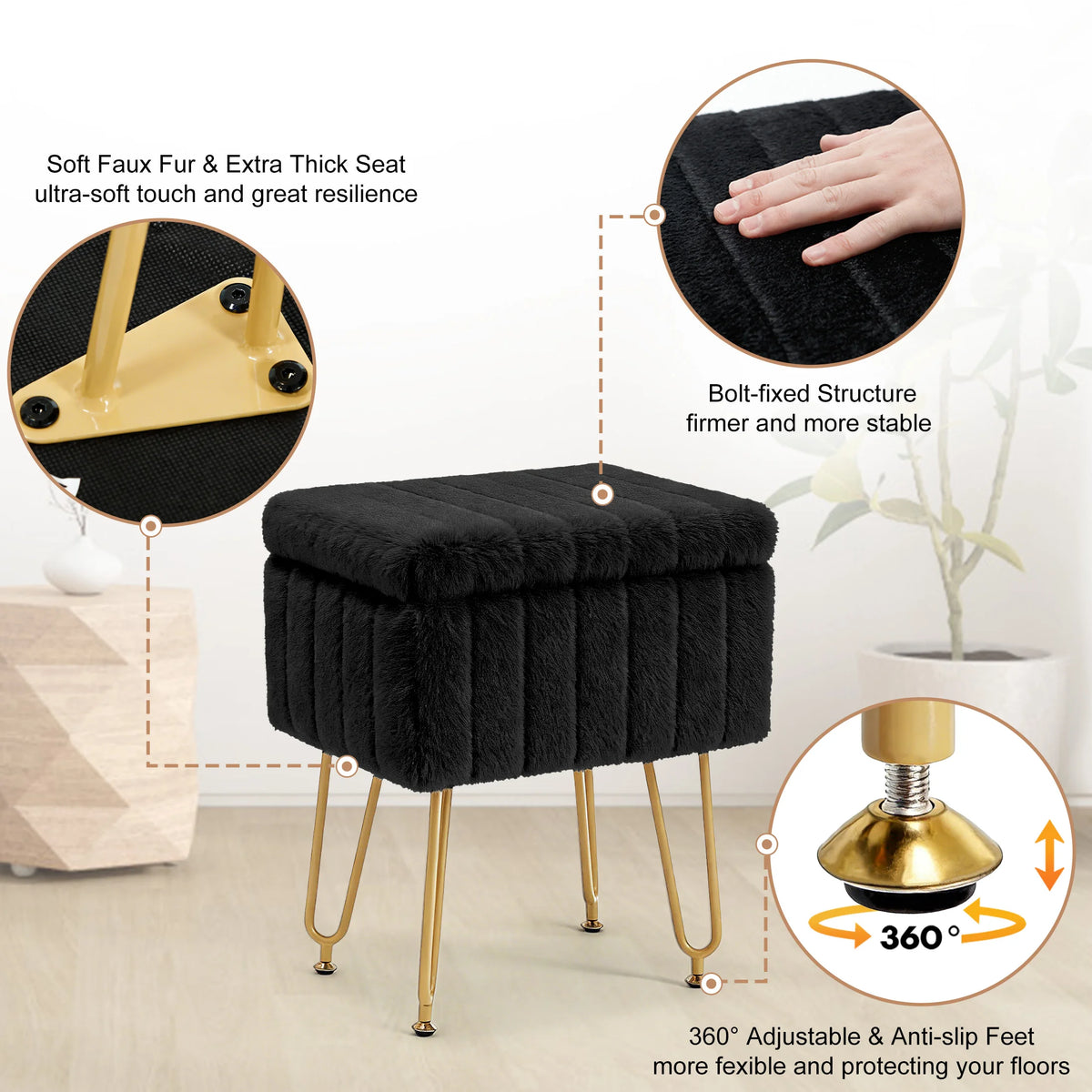 MCQ Faux Fur Ottoman Footrest Stool With Metal Legs