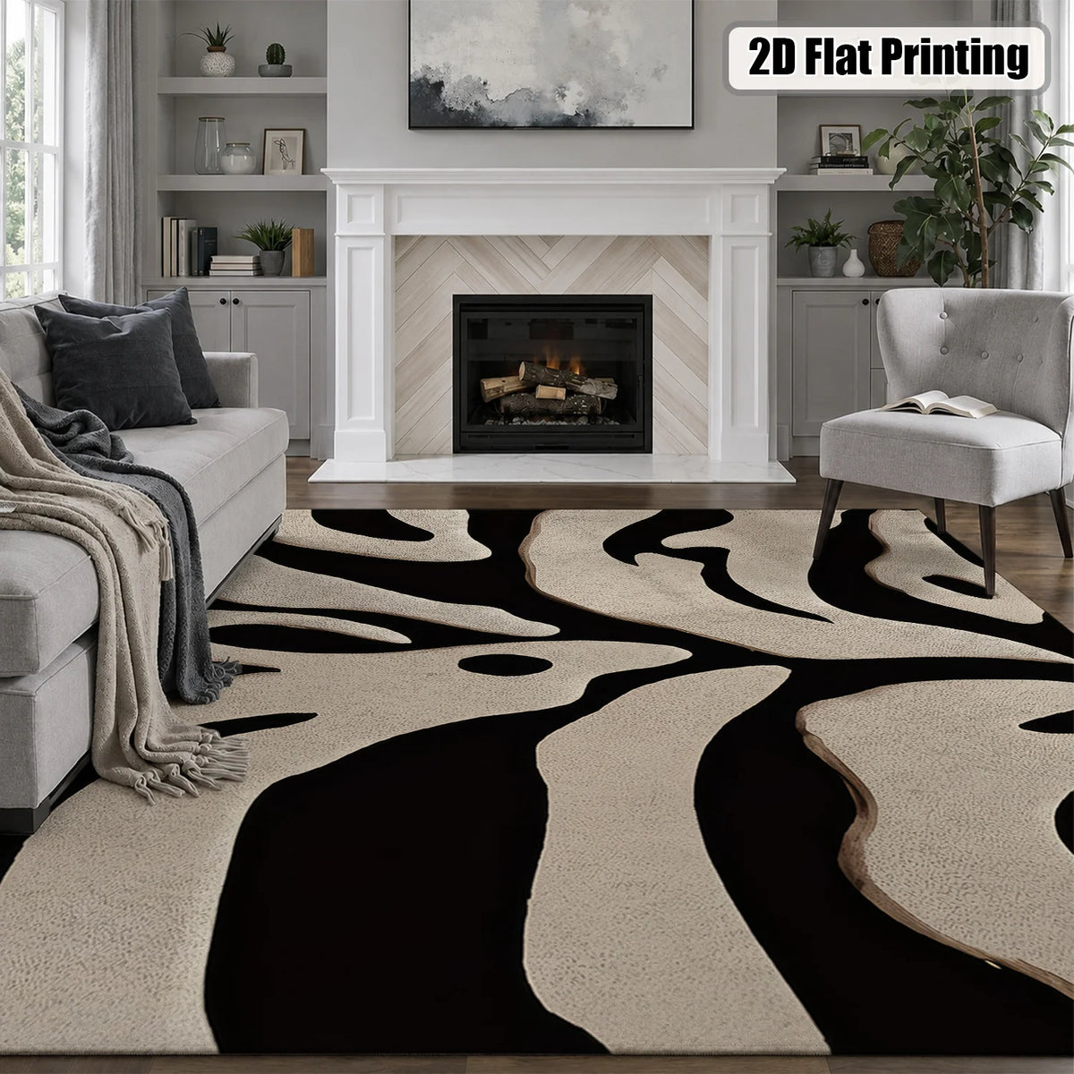 Machine Washable Abstract Leaf Area Rug With Non Slip Backing