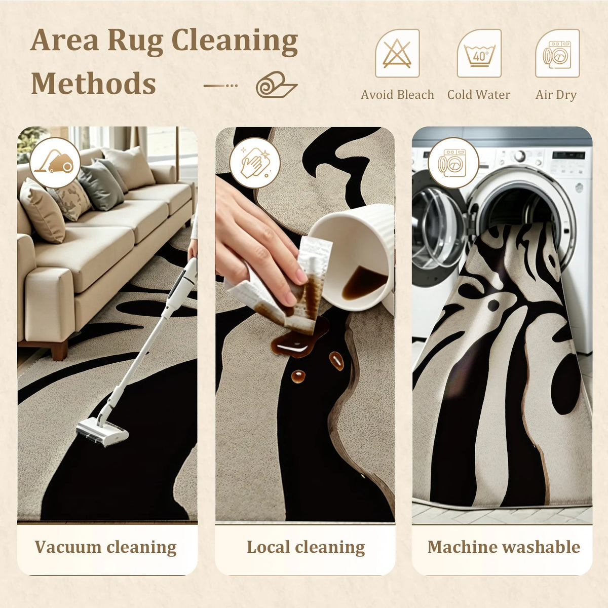 Machine Washable Abstract Leaf Area Rug With Non Slip Backing