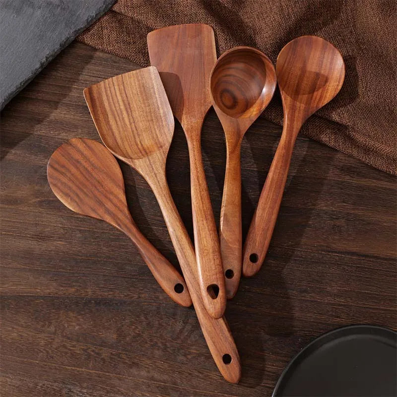 Luxury Teak Wood Kitchen Utensil Set Cooking Spoons Server Scraper