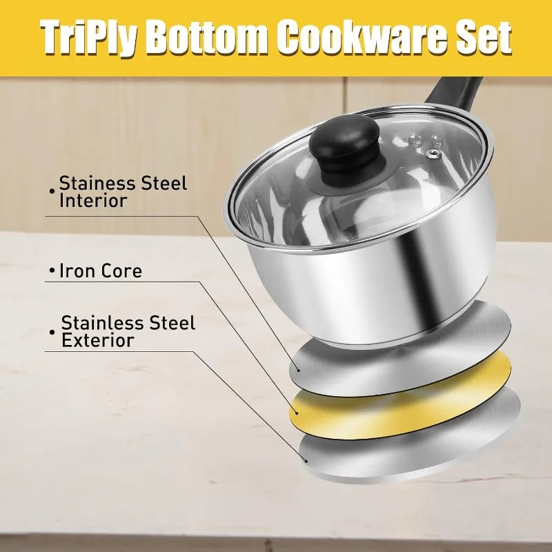 Stainless Steel Cookware Set With Lids, Triply Bottom Sauce Pans