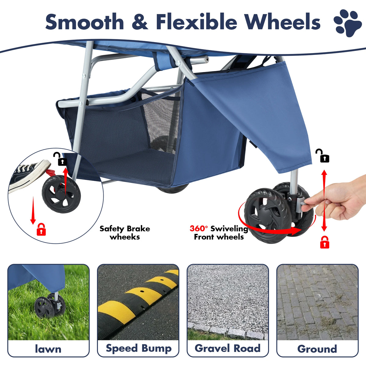 Foldable Three Wheel Pet Stroller For Small Dogs With Storage