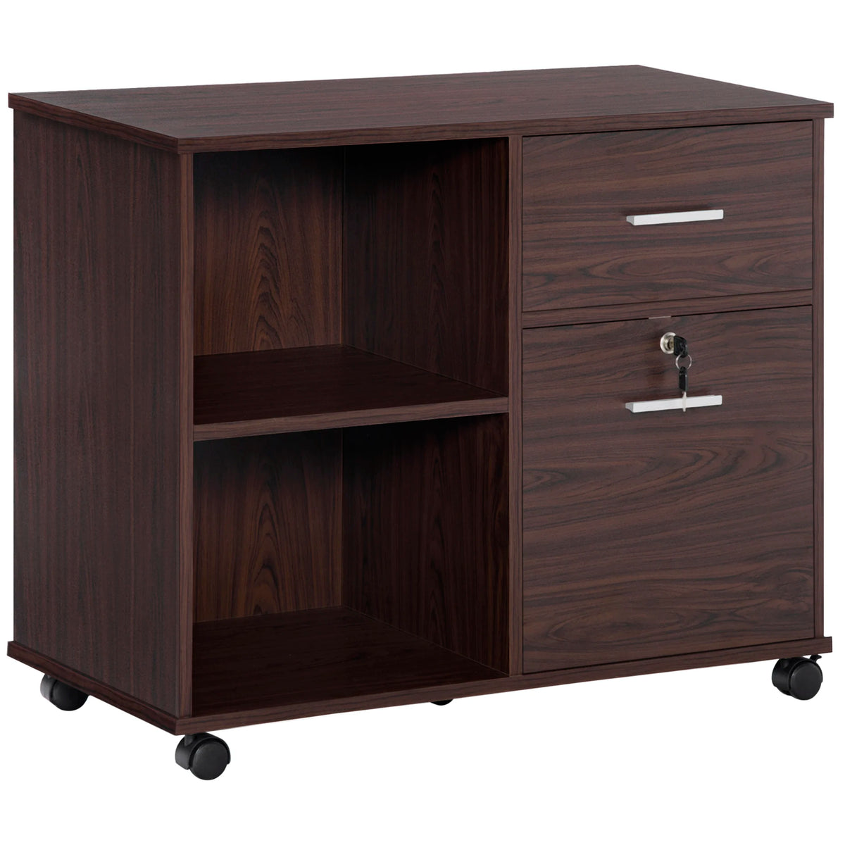 Mobile Lateral File Cabinet With Open Shelves And Utility Drawers