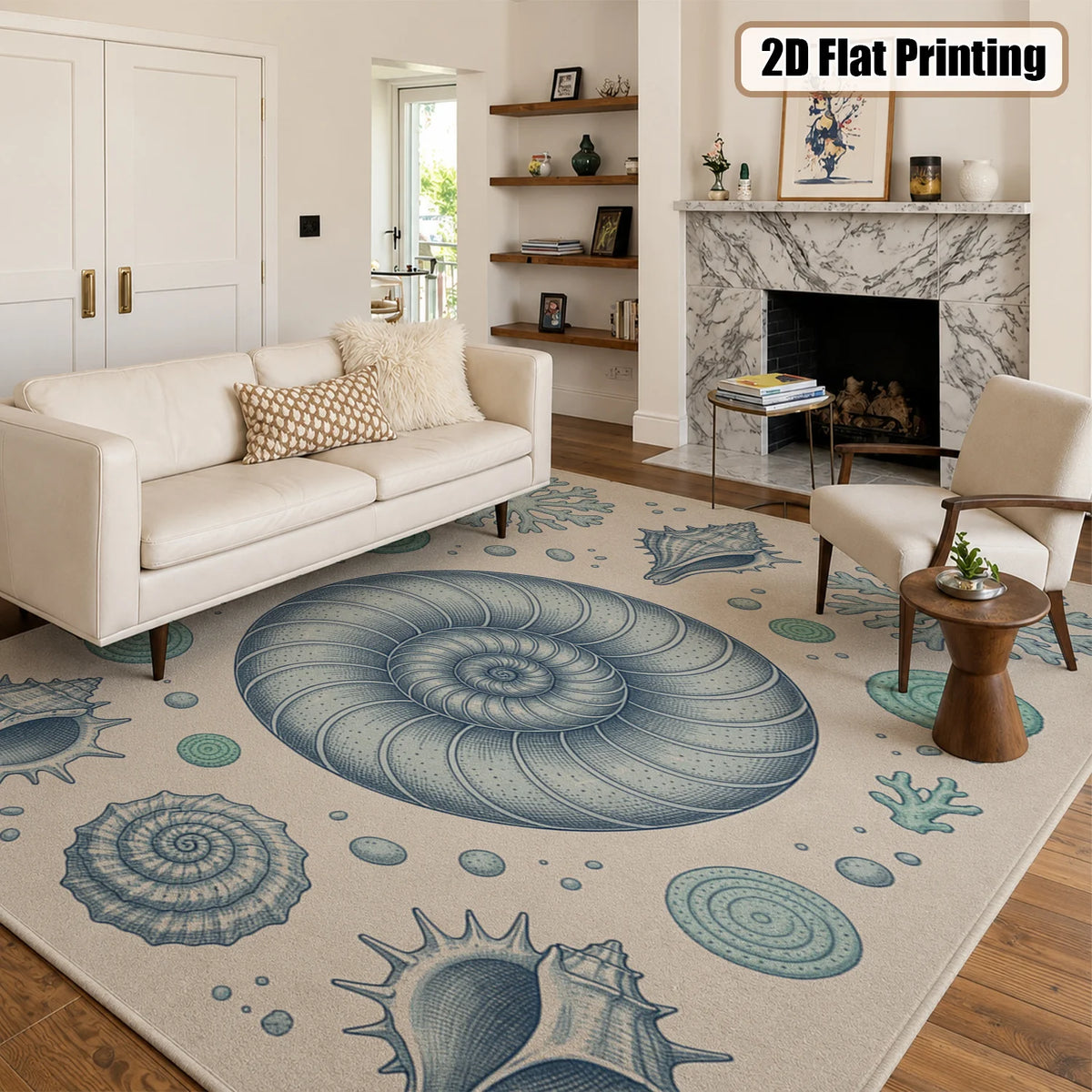 Coastal Seashell Nautilus Coral Velvet Washable Area Rug for Home