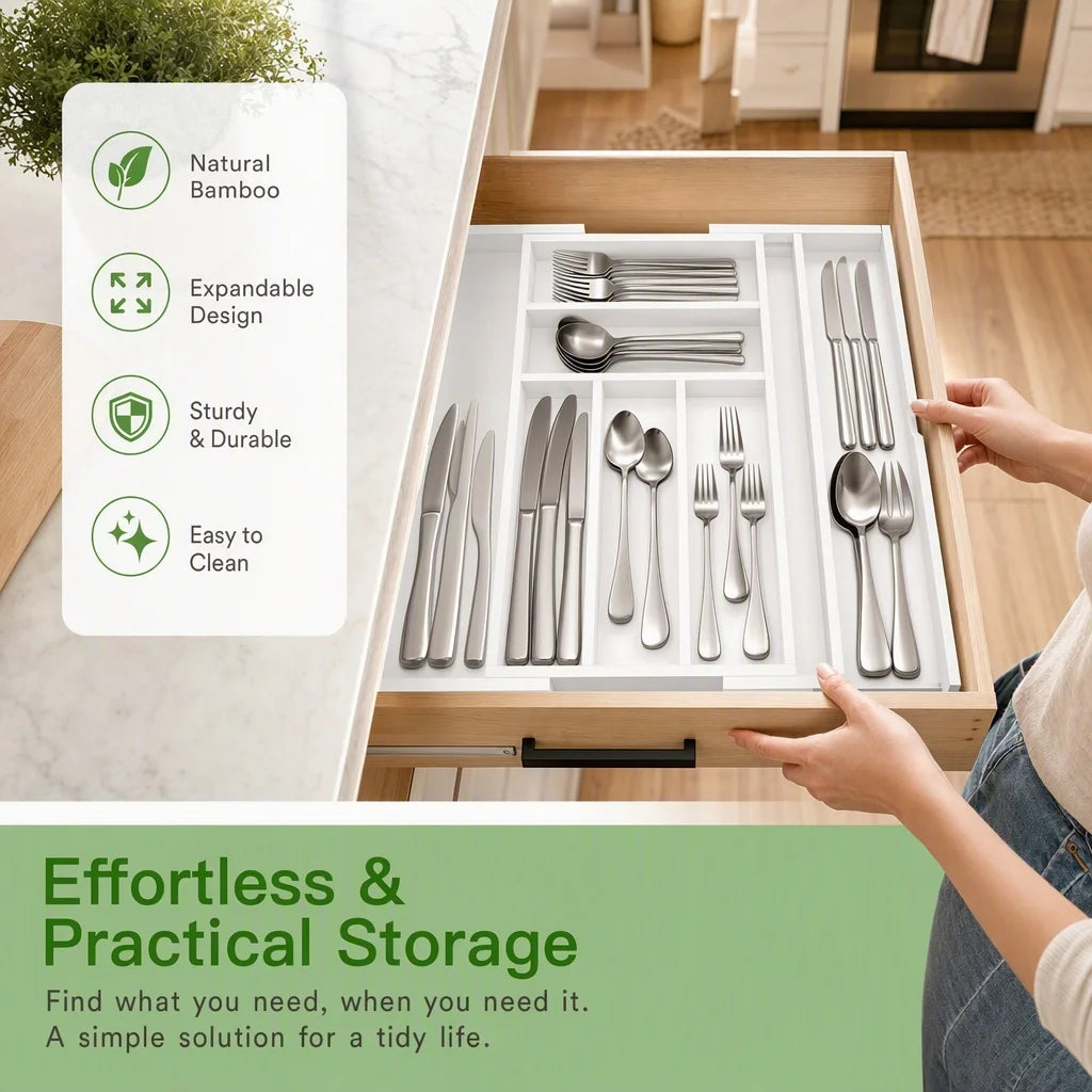 Bamboo Expandable Drawer Organizer For Utensils And Silverware Trays