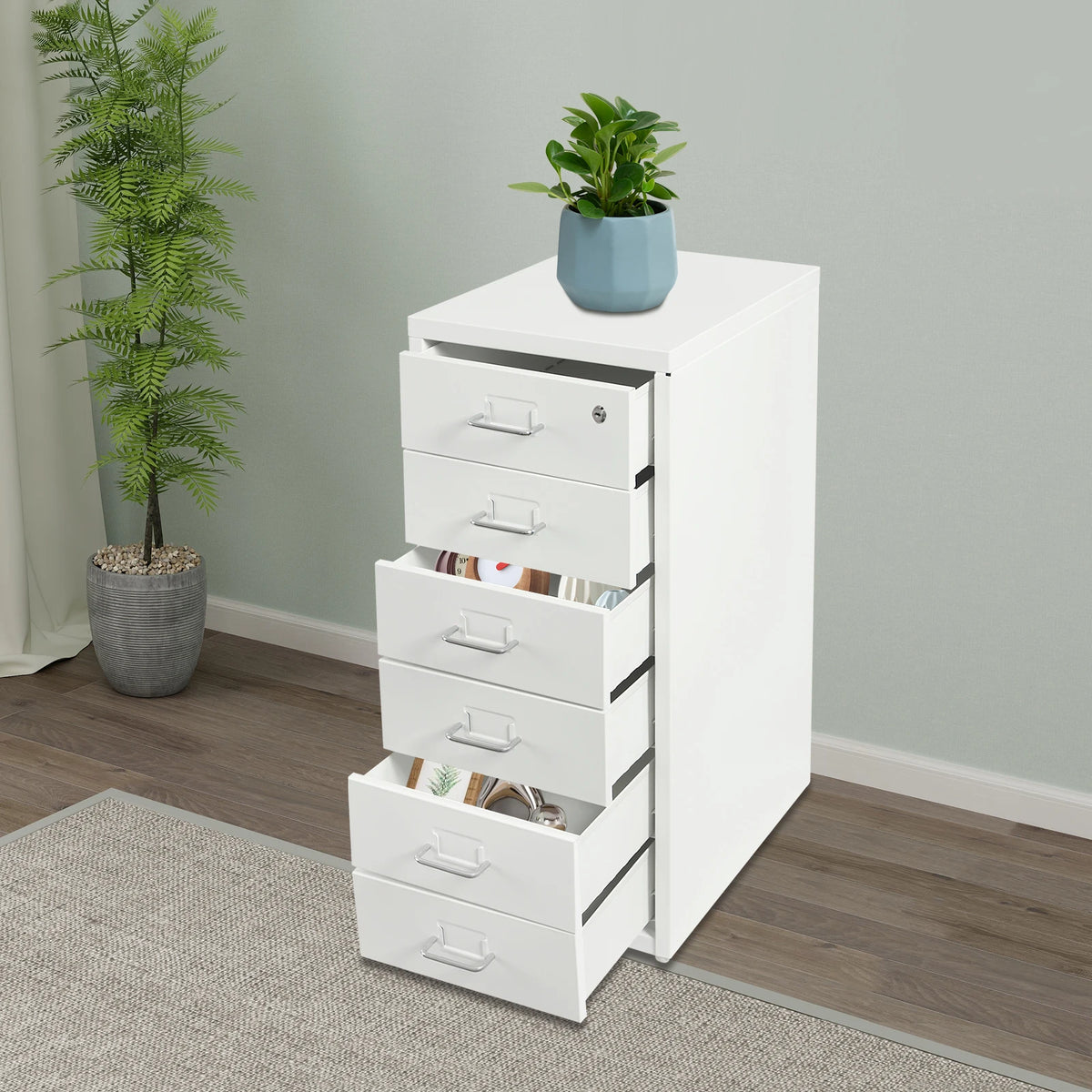 Rolling Metal File Cabinet With Lock And Six Drawers For Office
