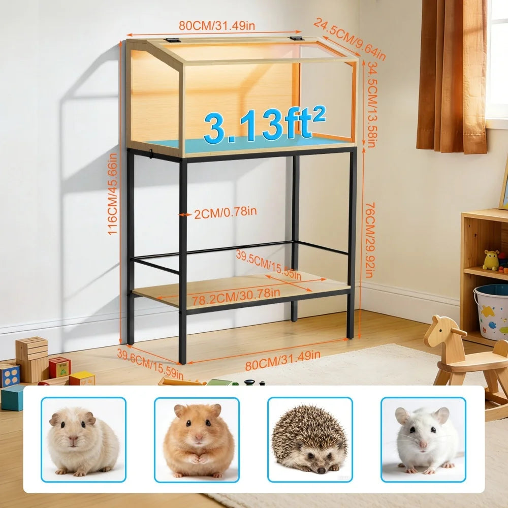 Bingopaw Elevated Wooden Hamster Cage With Storage Shelf LED Light