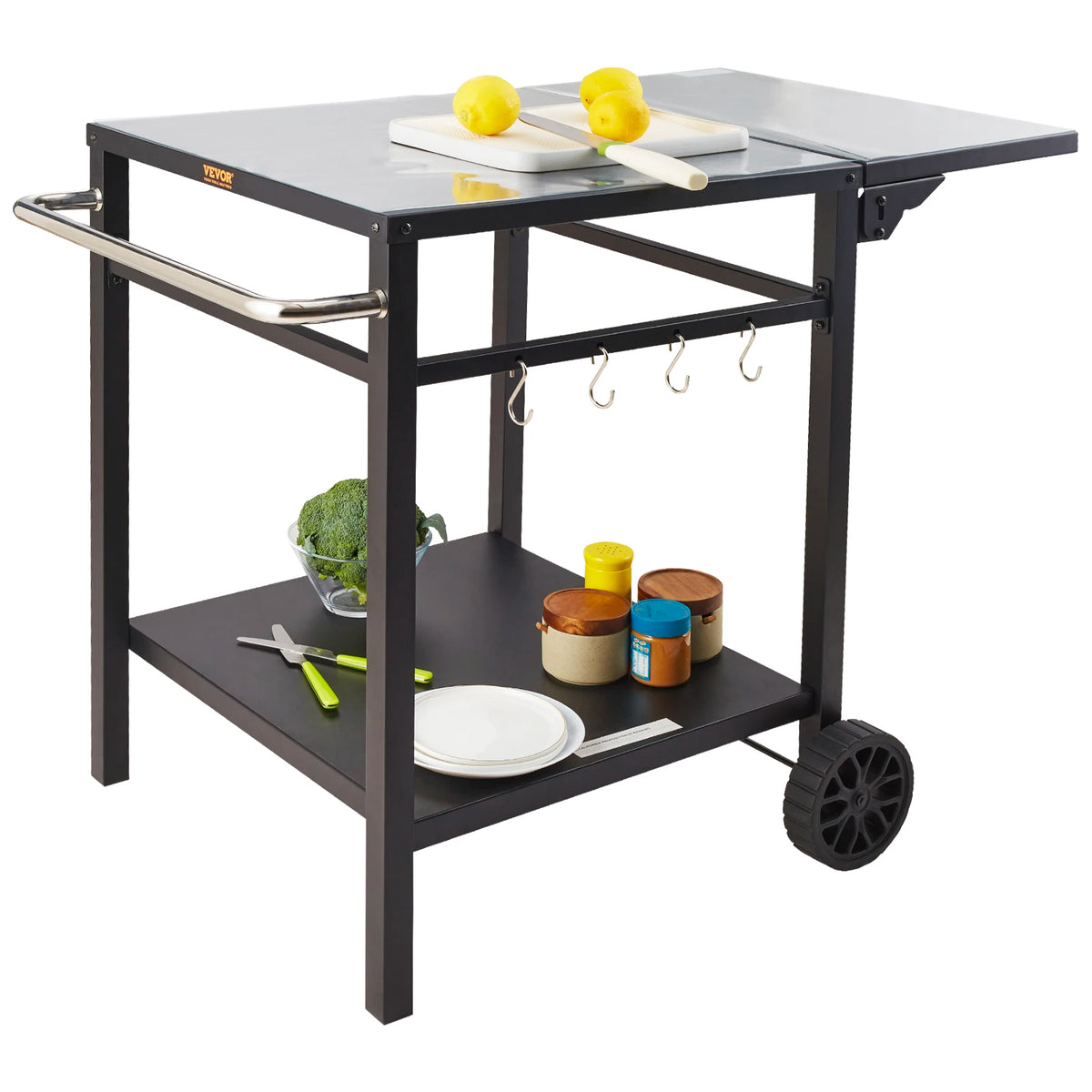 Stainless Steel Foldable Dining Cart Table With Double Shelves