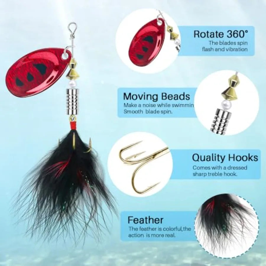 Rooster Tail Spinner Lures Kit With Tackle Box For Bass