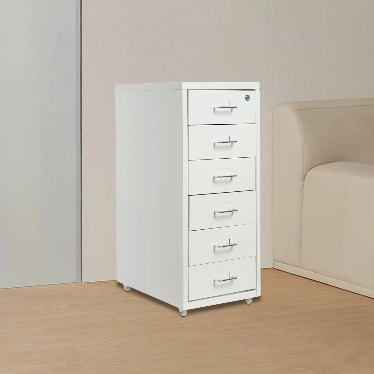 Rolling Metal File Cabinet With Lock And Six Drawers For Office