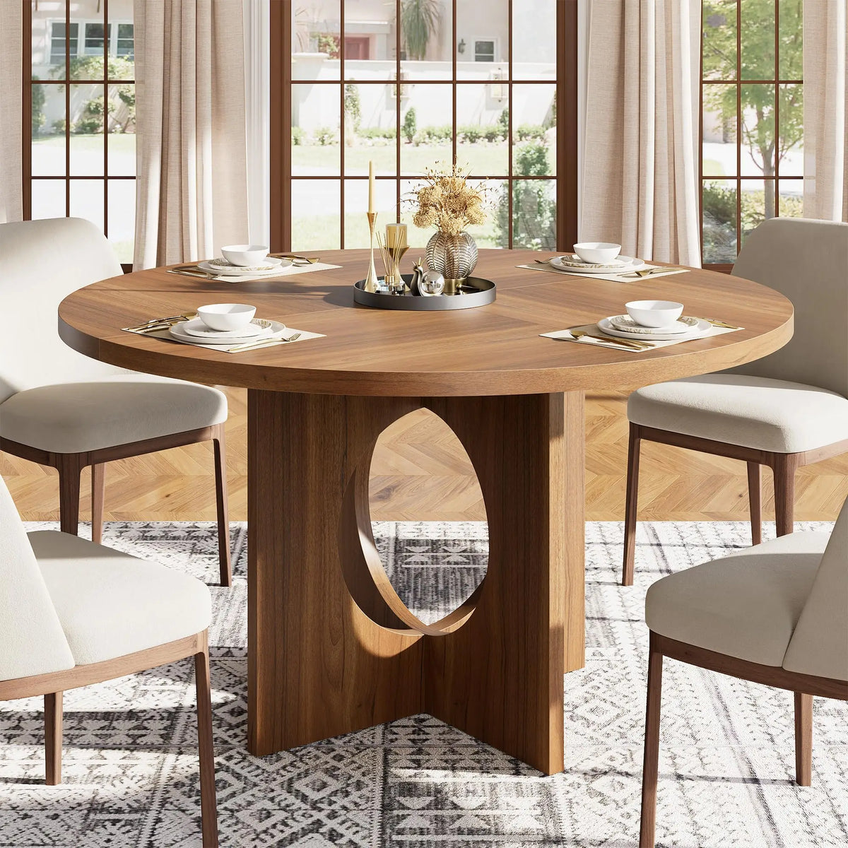 Farmhouse Round Dining Table With Wooden Pedestal Base