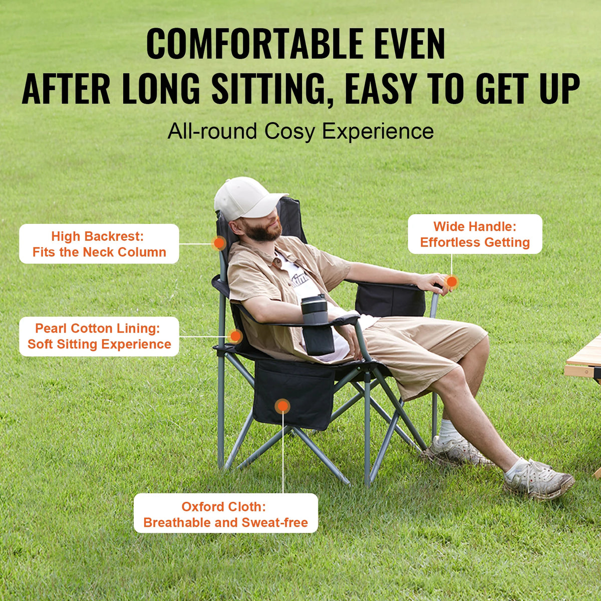 Vevor Portable Folding Chair With Padded Back And Side Pockets